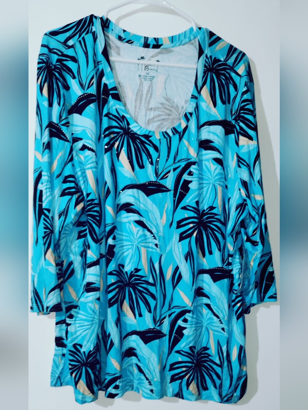 New Palm Grove Blue Tropical Shirt 3/4 Sleeve Casual Top